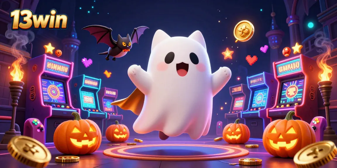 Join the fun at 13win's haunted casino with a friendly ghost cat and exciting games.