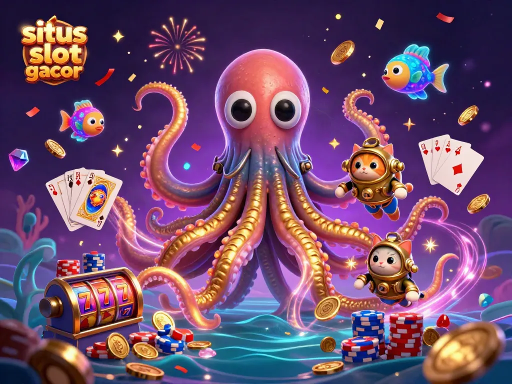 Experience a thrilling scene with the colossal kraken and vintage diving cat, showcasing situs slot gacor among rich casino elements.