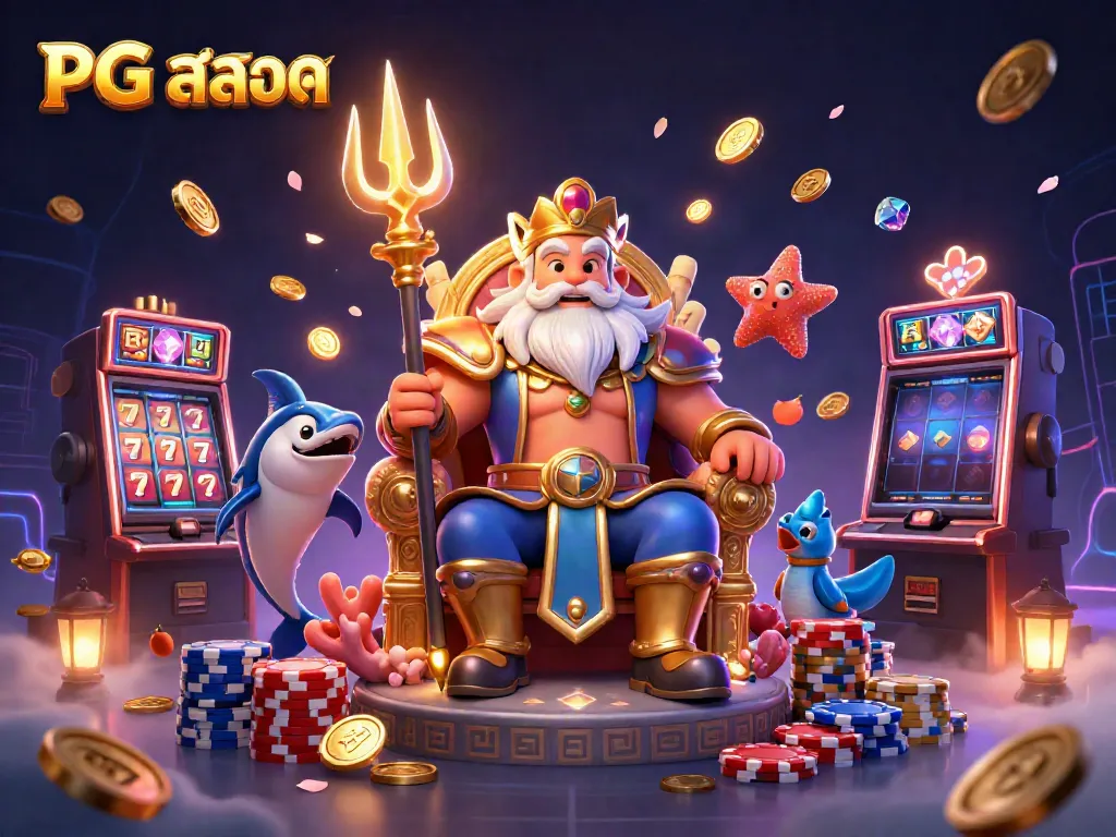 Experience exciting PG สล็อต gameplay with vibrant colors and dynamic casino elements in this 3D illustration.