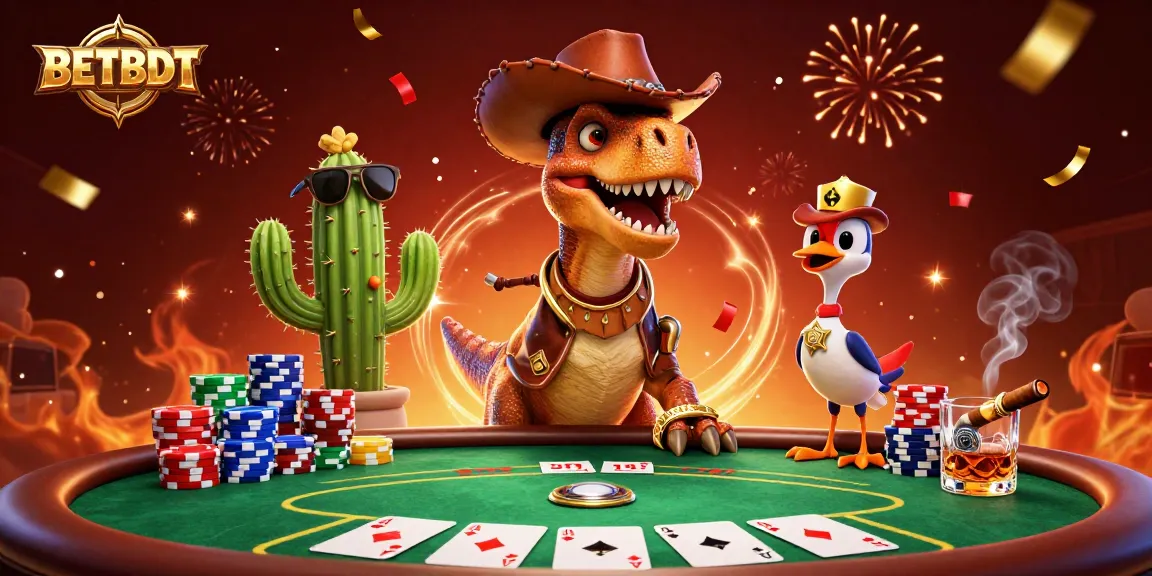 BETBDT showcases thrilling poker action with a cartoon dinosaur and characters in a lively casino setting.