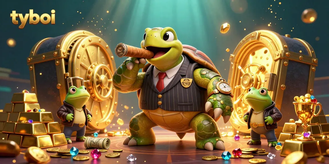 Experience the excitement of tyboi gaming with this vibrant casino scene featuring a snapping turtle mobster and bullfrogs.