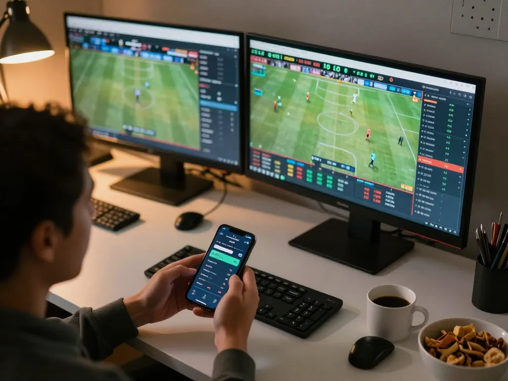 Placing live bets on Vipwin's betting app while analyzing game stats in a modern home office