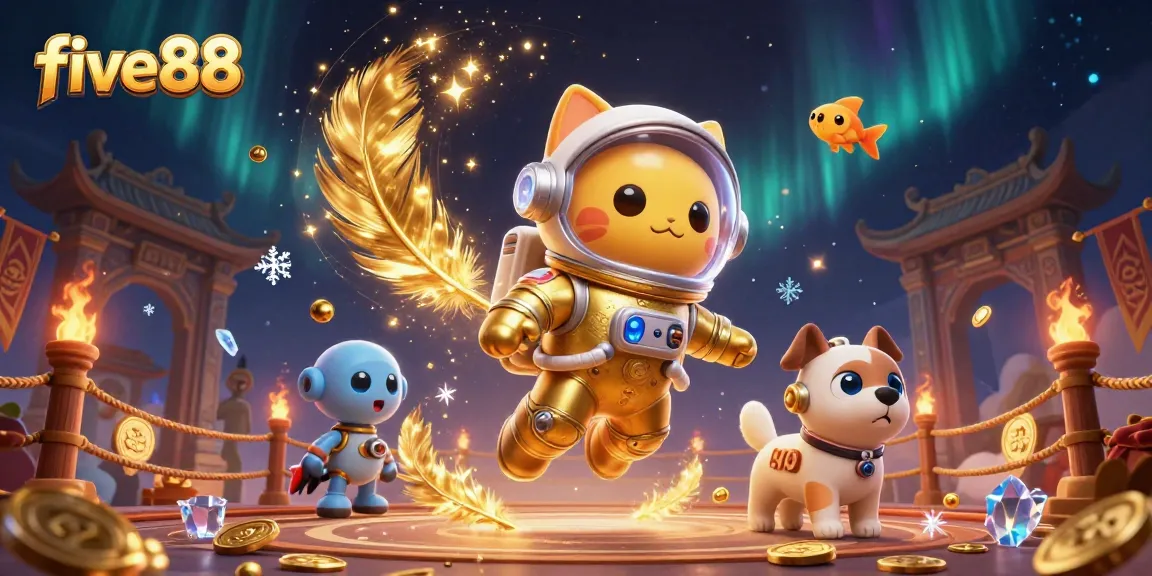 Experience the vibrant world of five88 as a cartoon astronaut cat explores thrilling gambling adventures.