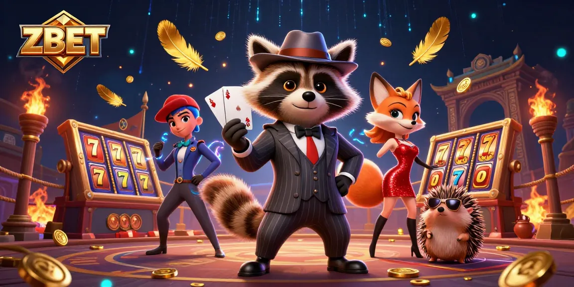 ZBET engaging players with a royal flush, vibrant characters, and bustling casino activity.