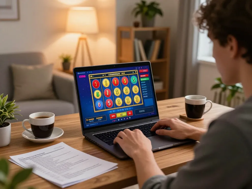 Player enjoying shbet online slot gaming in a cozy home environment with strategic notes nearby.