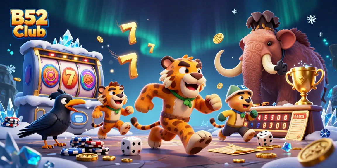 B52 Club casino scene showcasing a lively prehistoric atmosphere with engaging gaming elements and characters.