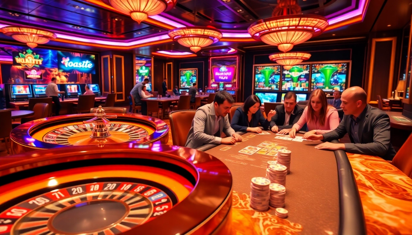 Experience thrilling gameplay at QH88 casino with energetic players at poker tables and spinning roulette.