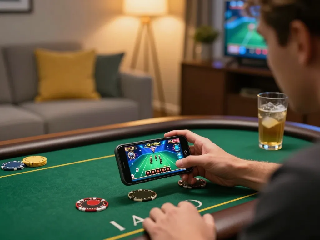 Player enjoying a thrilling live dealer game on their smartphone in a cozy b52 club environment.