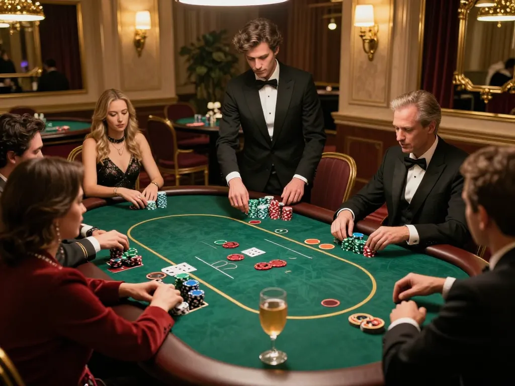 Players strategize at a high-stakes poker table in an elegant VIP room, max 79 atmosphere.