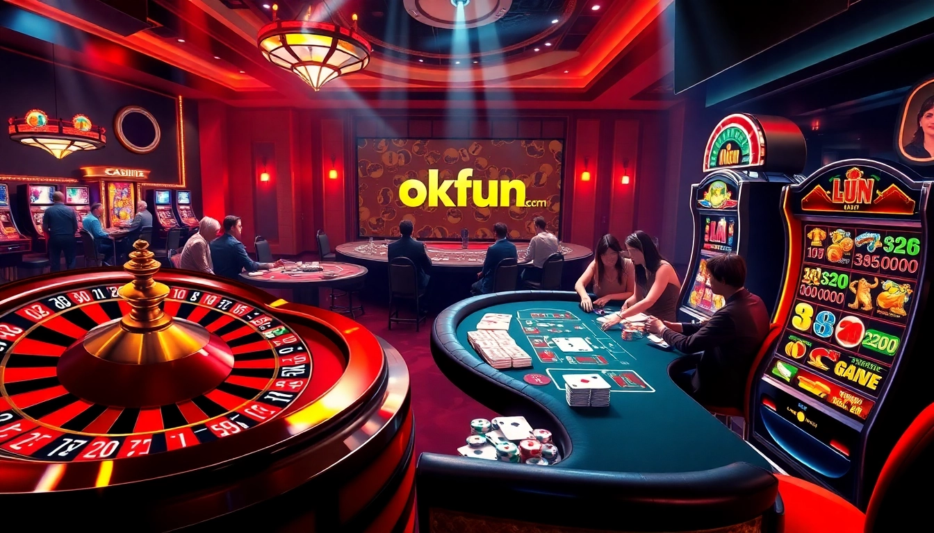 Experience high-stakes gambling action at okfun.com with vibrant casino tables, poker chips, and slot machines.