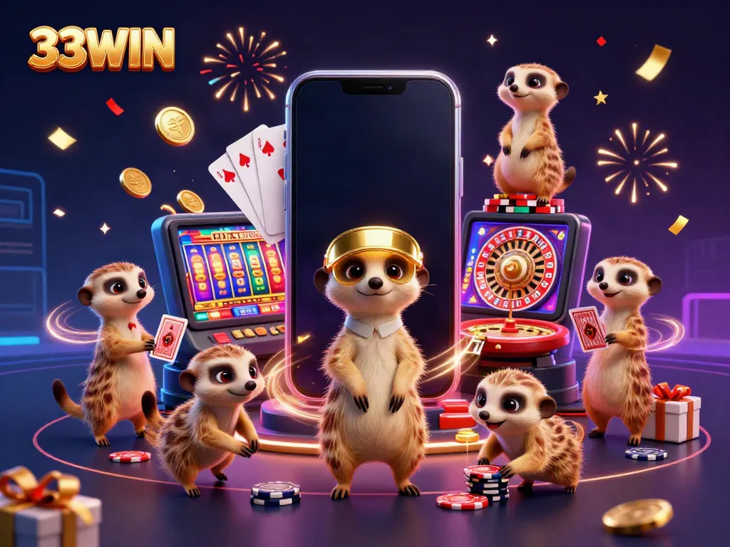 33WIN meerkats running a vibrant casino, with dynamic gambling elements and festive decorations.