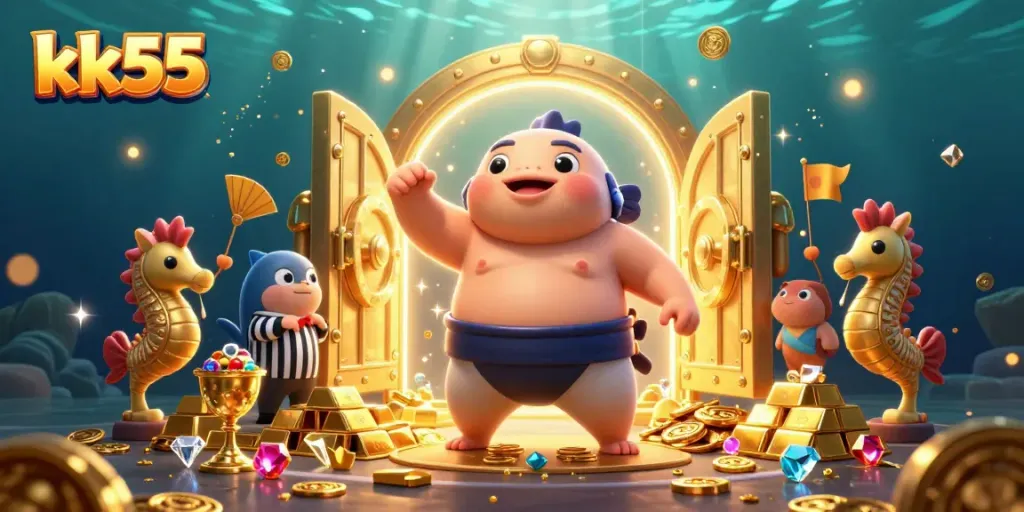 kk55 casino-themed underwater scene with a fugu, catfish referee, and treasure elements.