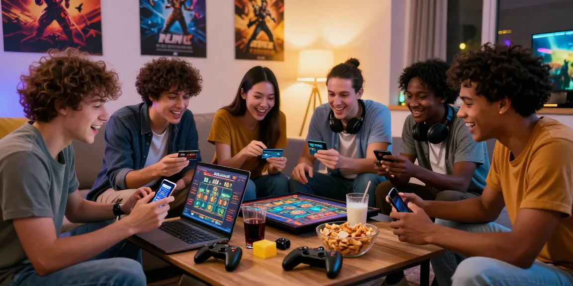 Group of friends enjoying online gaming at credit card casinos on chps.org.uk, showcasing excitement and connection.
