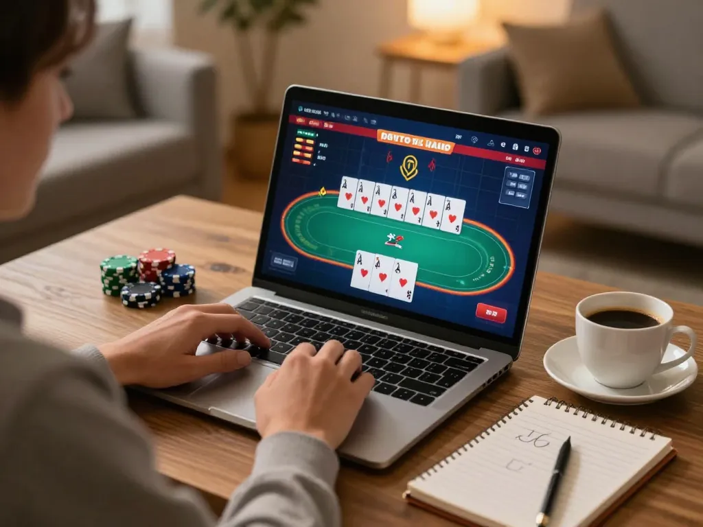 Engaging online poker experience on go89 platform with strategic gameplay in a cozy home setting.