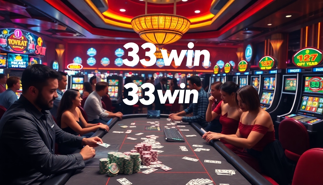 Experienced gamblers enjoying card games at 33win casino tables surrounded by excitement and vibrant atmosphere.