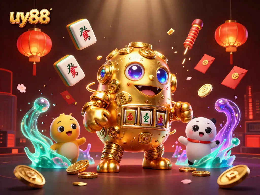 Experience the thrilling world of uy88 in a vibrant 3D casino with animated golems and festive symbols.