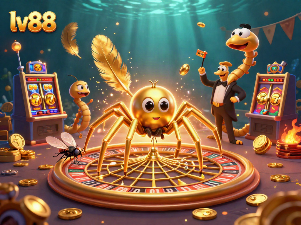 Experience the excitement of lv88 casino with a detailed scene featuring a golden spider and roulette web.