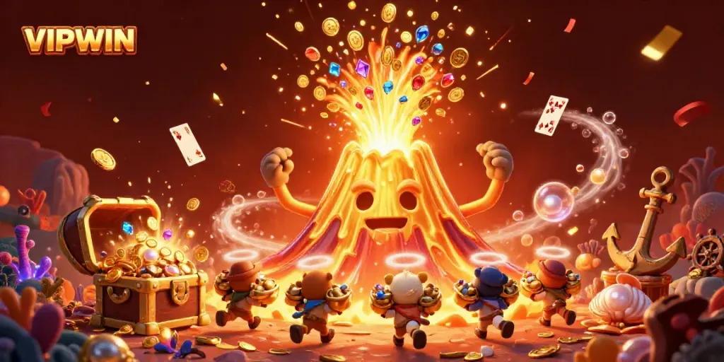 VIPWIN invokes excitement with a vibrant casino-themed scene featuring dazzling treasures and explosive fun.