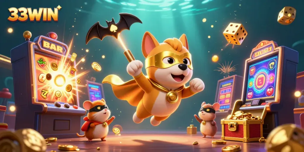 Trải nghiệm 33WIN với hình ảnh sống động của siêu anh hùng vui nhộn giữa thế giới casino.