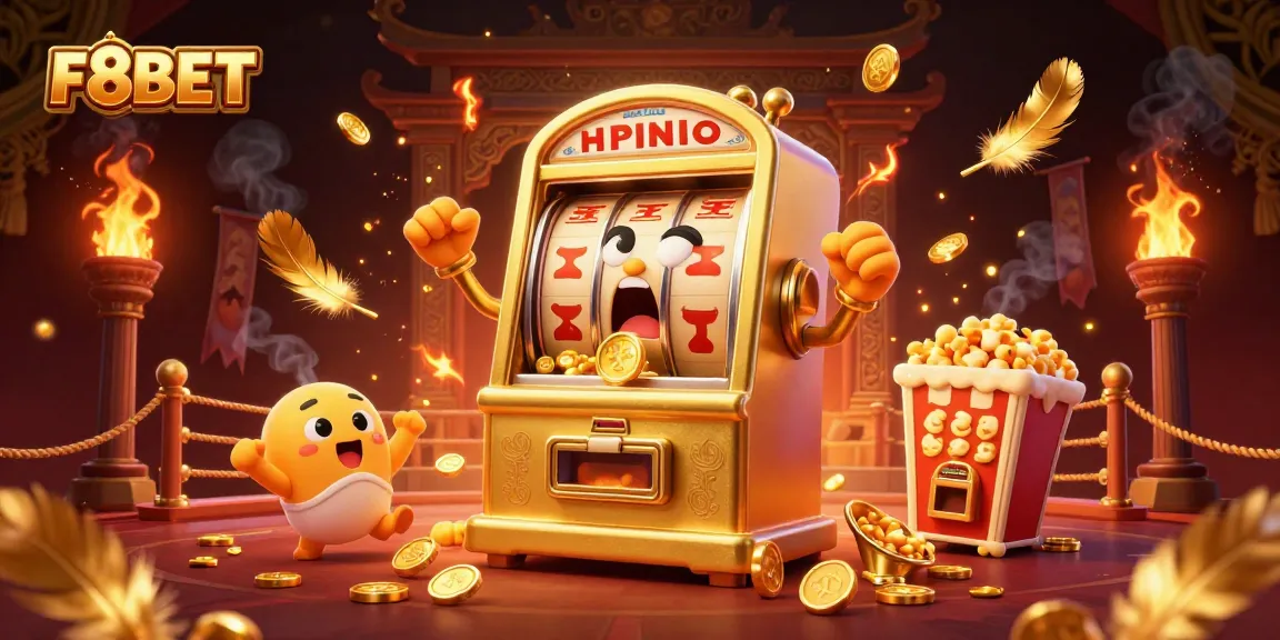 Engaging 3D depiction of F8BET winning slot machine surrounded by gold coins and celebratory atmosphere.