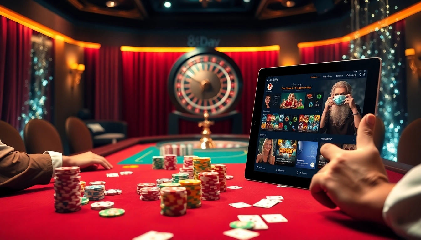 Experience high-stakes poker with a vibrant atmosphere at https://8day.reisen/, featuring colorful chips and a spinning roulette wheel.