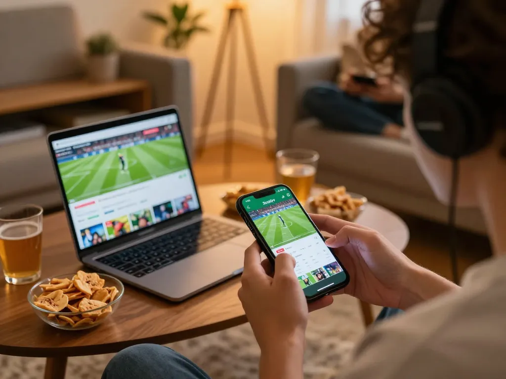 Enjoying the Socolive soccer app on a smartphone in a cozy living room.