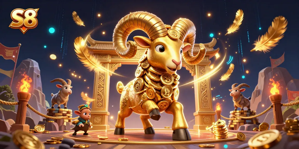 S8 gamblers engage in a thrilling casino battle with golden ram symbols amid dynamic casino elements.