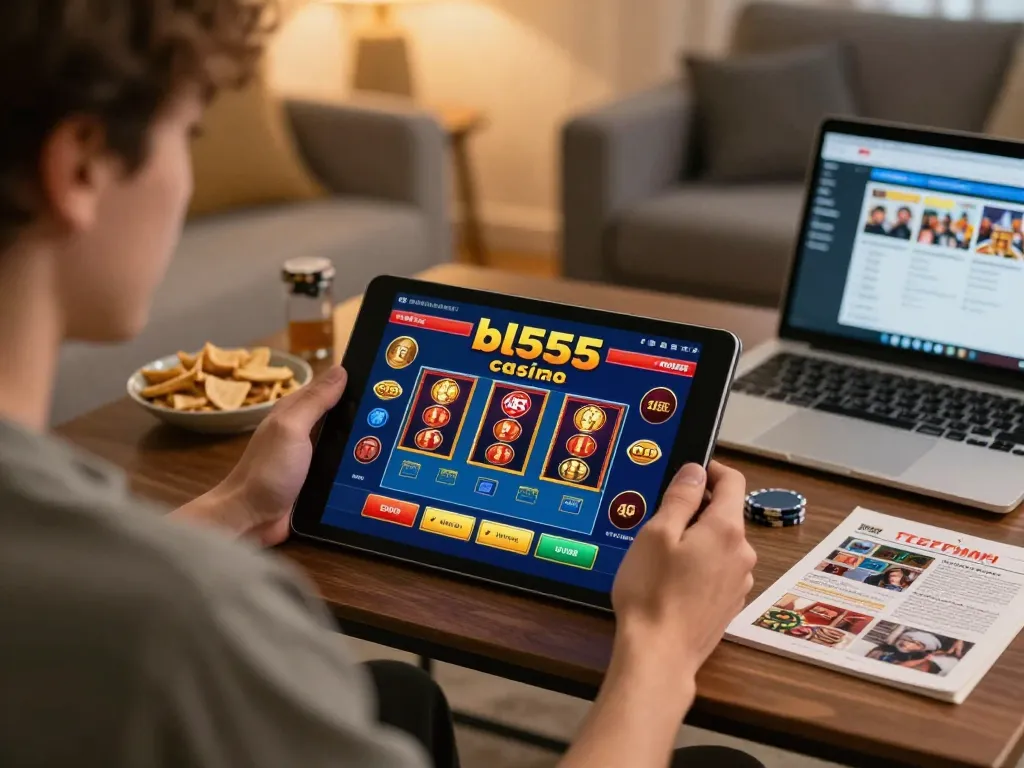 Engaged player using bl555 com online casino on tablet, enjoying live dealer games in a cozy home setting.