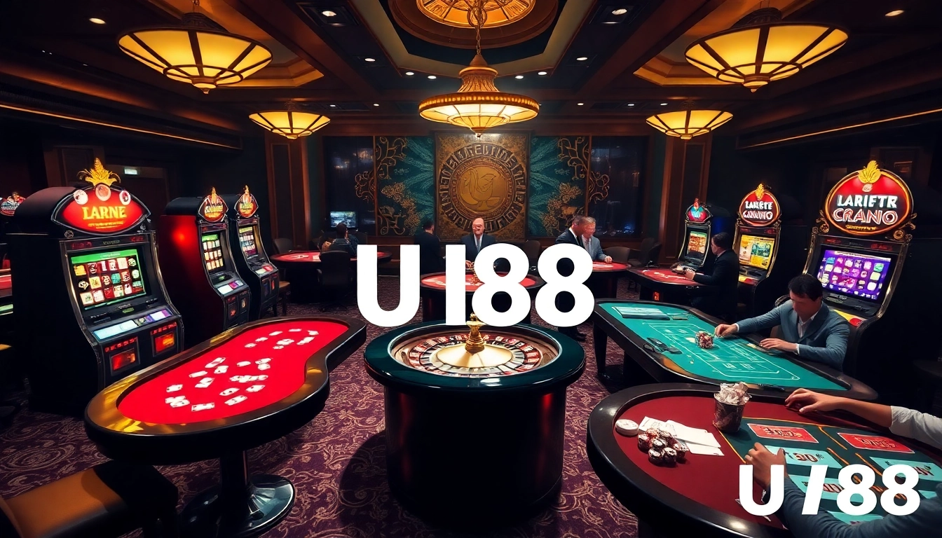 UU88 Casino showcases an exciting gaming scene with luxurious tables and vibrant slot machines.