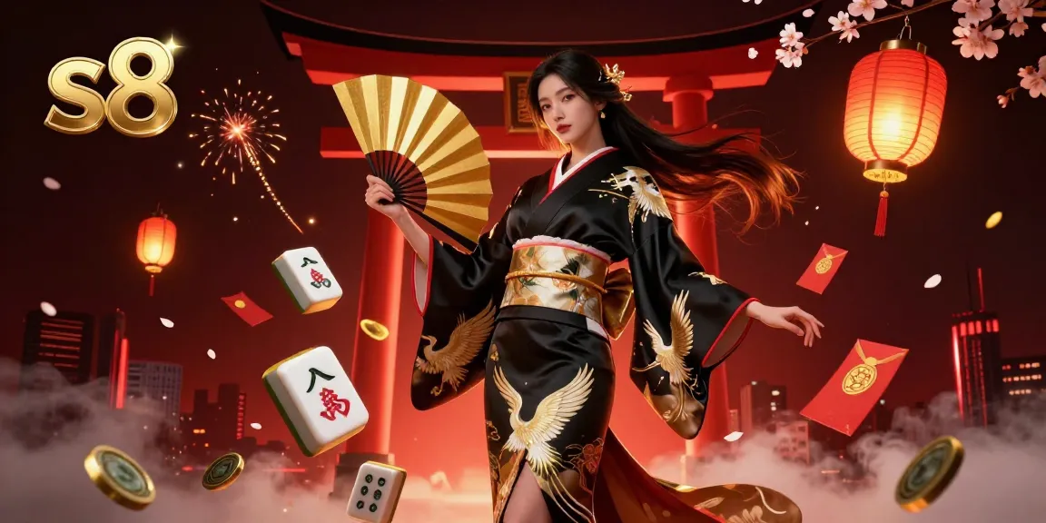 S8 casino experience: Asian woman in kimono in 3D with mahjong tiles and lucky symbols amidst fireworks.