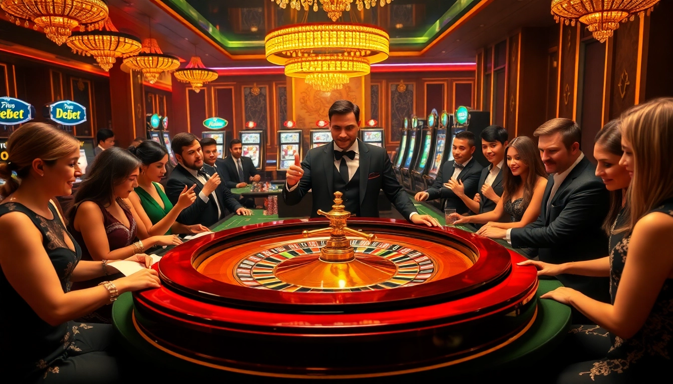 Excited players placing bets at a luxurious Debet casino roulette table.