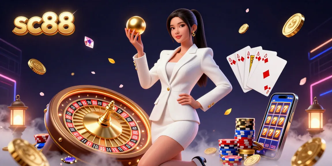 Join the excitement at sc88 with a dynamic scene showcasing an Asian woman in a luxurious casino setting.