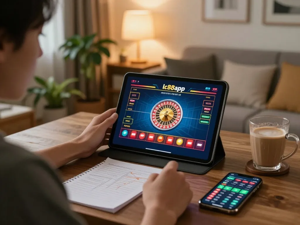 Engaging with lc88app for online roulette gaming in a cozy home setting, showcasing strategy and focus