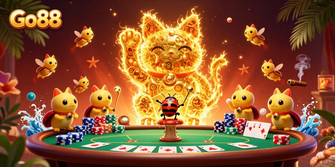 Engage with Go88's vibrant gaming world featuring a lucky cat and dynamic casino elements.