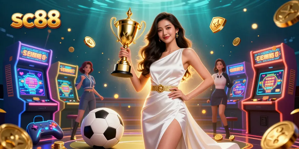 Engage in exciting betting at sc88 with a victorious Asian woman celebrating, surrounded by gaming elements.