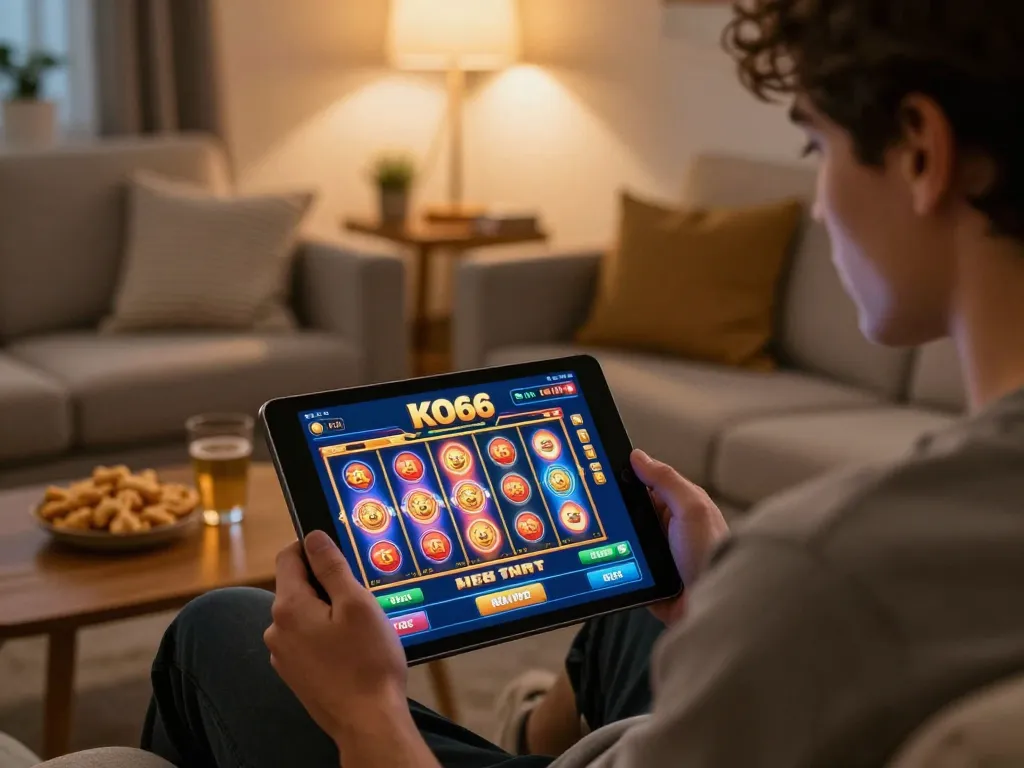 Người chơi tận hưởng ứng dụng KO66 trên máy tính bảng giữa một không gian chơi game thoải mái tại nhà.