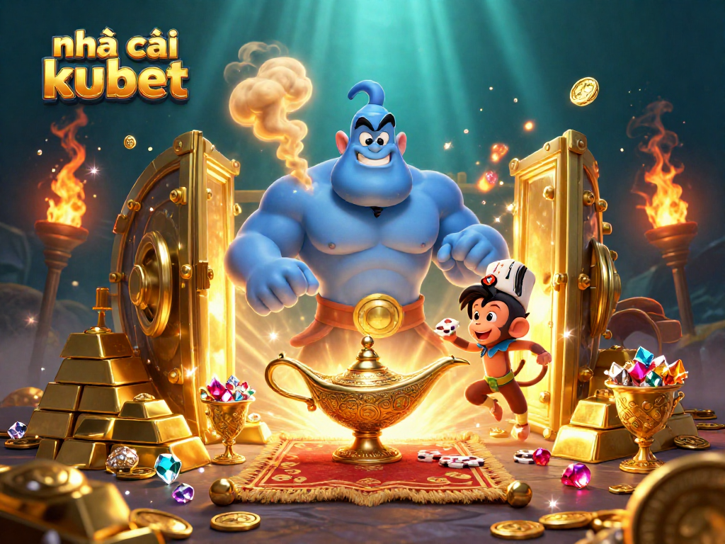 Engage with nhà cái kubet: magical scene with genies and treasures in a vibrant casino inspired illustration.