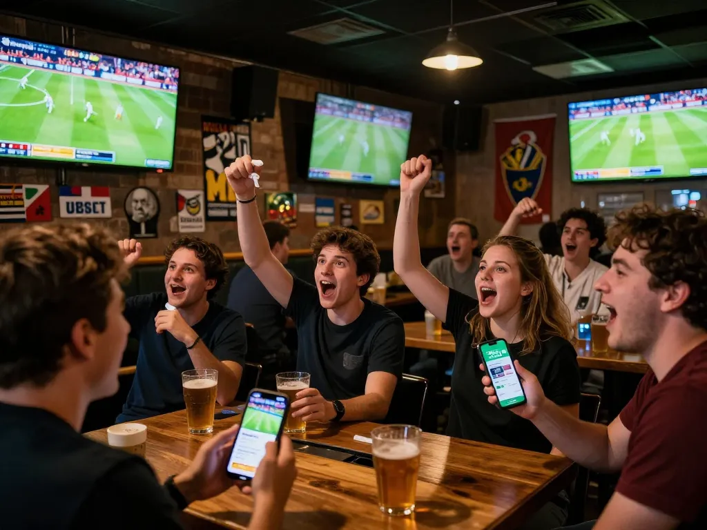 Fans eagerly watching football on multiple screens while using the Socolive link for betting.