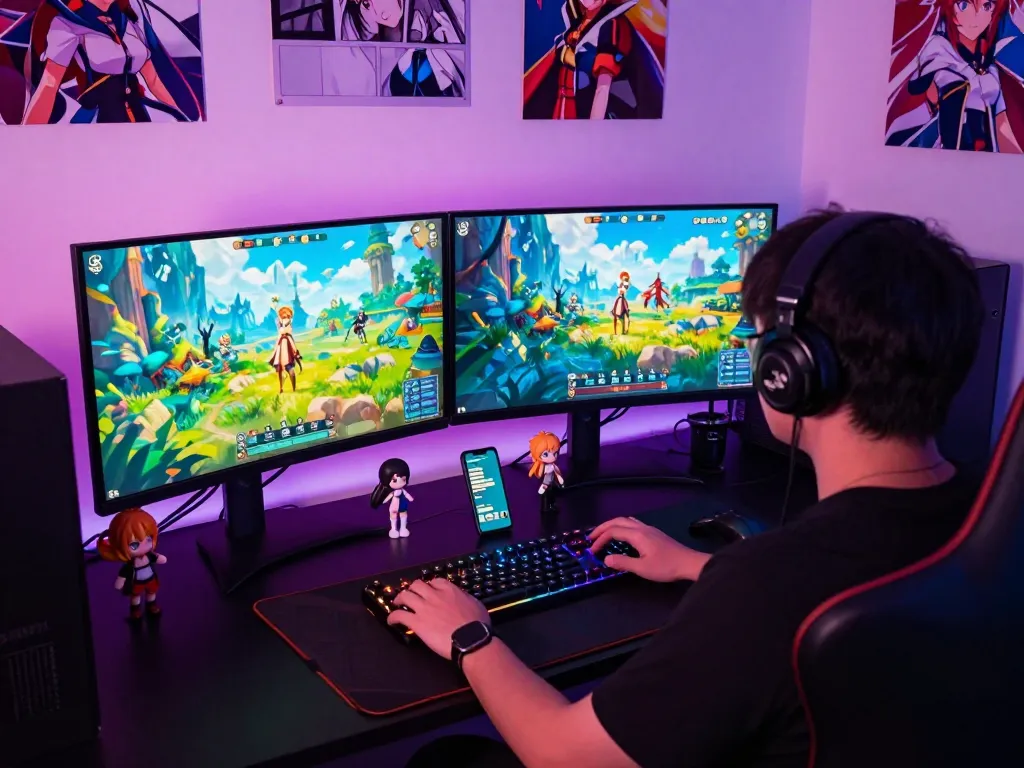 Engaged player enjoying hentai games on dual monitors with vibrant graphics in a cozy gaming setup.