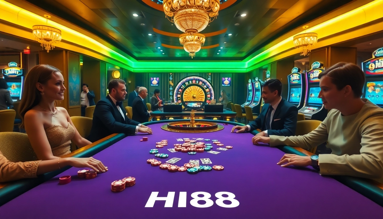 Players enjoy an exciting poker game at Hi88 casino, surrounded by vibrant tables and bright slot machines.