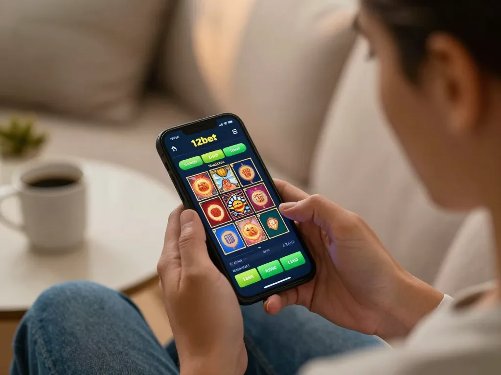 Person playing on the 12bet casino app on smartphone in a cozy home setting with engaging gaming visuals.