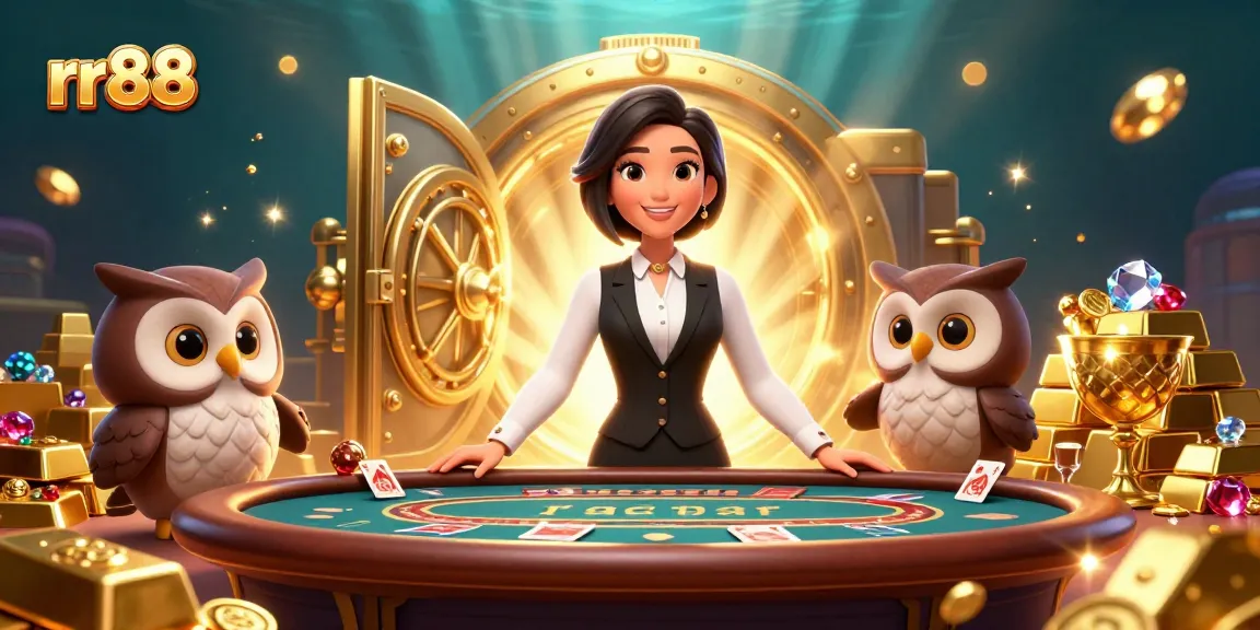 Experience thrilling table games at rr88, featuring elegant dealers and vibrant casino elements.