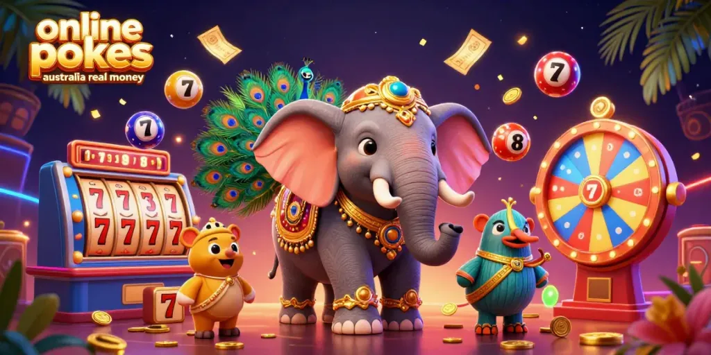 Spin exciting online pokies Australia real money with colorful slot reels and festive decorations.