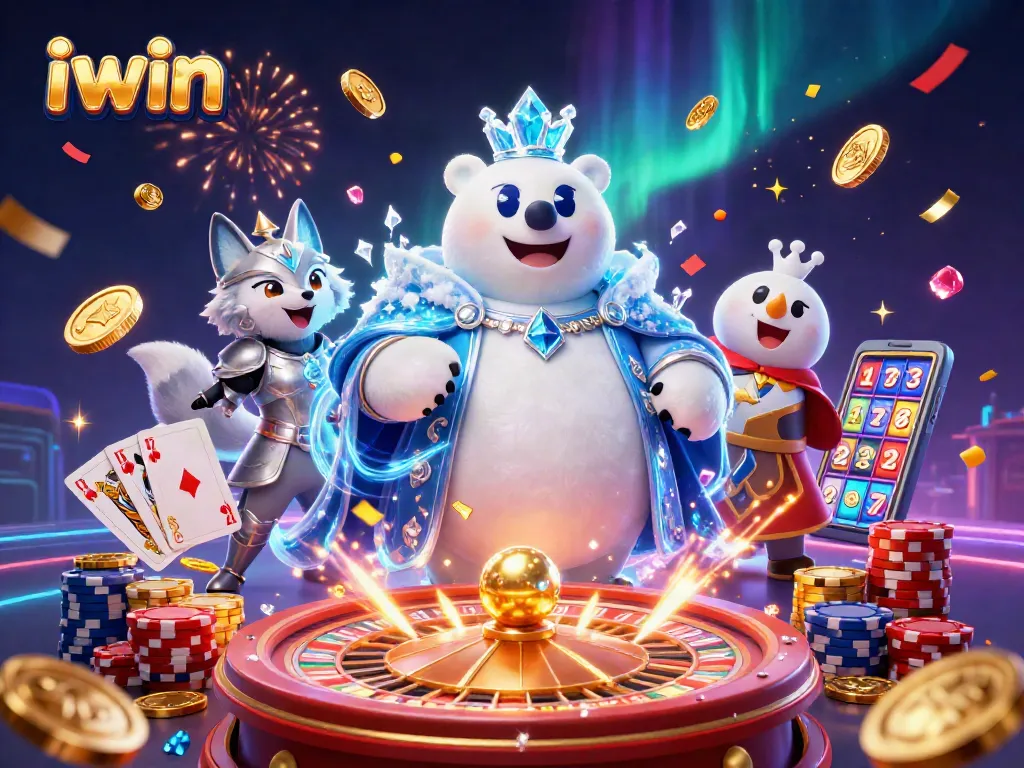 iwin casino illustration showcasing the ice king polar bear and snow fox with dynamic gaming elements.