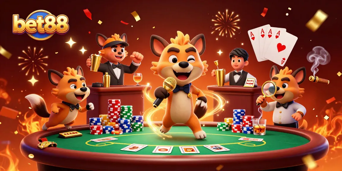 Join the excitement at bet88 with lively caricatures in a vibrant casino scene, featuring games and laughter.