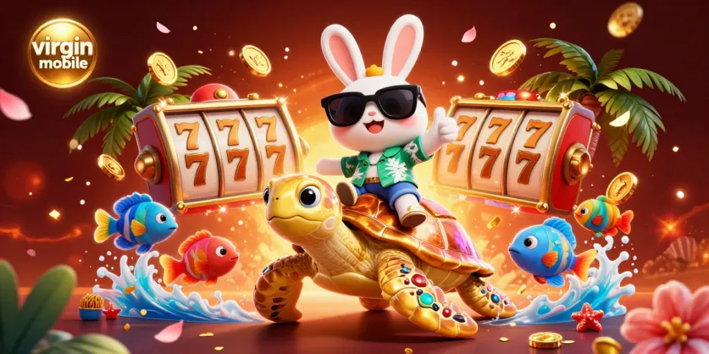Experience thrilling gameplay at virgin-mobile with a lucky rabbit and sea turtle amidst spinning slot reels and colorful gems.