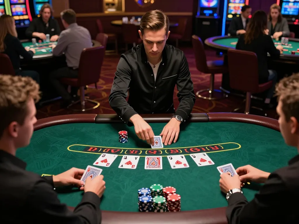Players engaging in intense blackjack gameplay at jun88 casino, highlighting strategic moves and betting excitement.