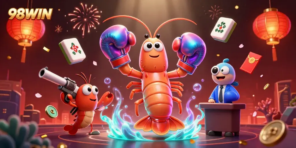 Experience the vibrant casino world of 98WIN with animated characters and festive elements.