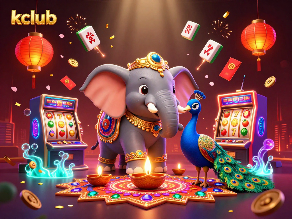 Kclub players enjoy spinning slot machines with vibrant reels and festive decorations in a 3D casino celebration.