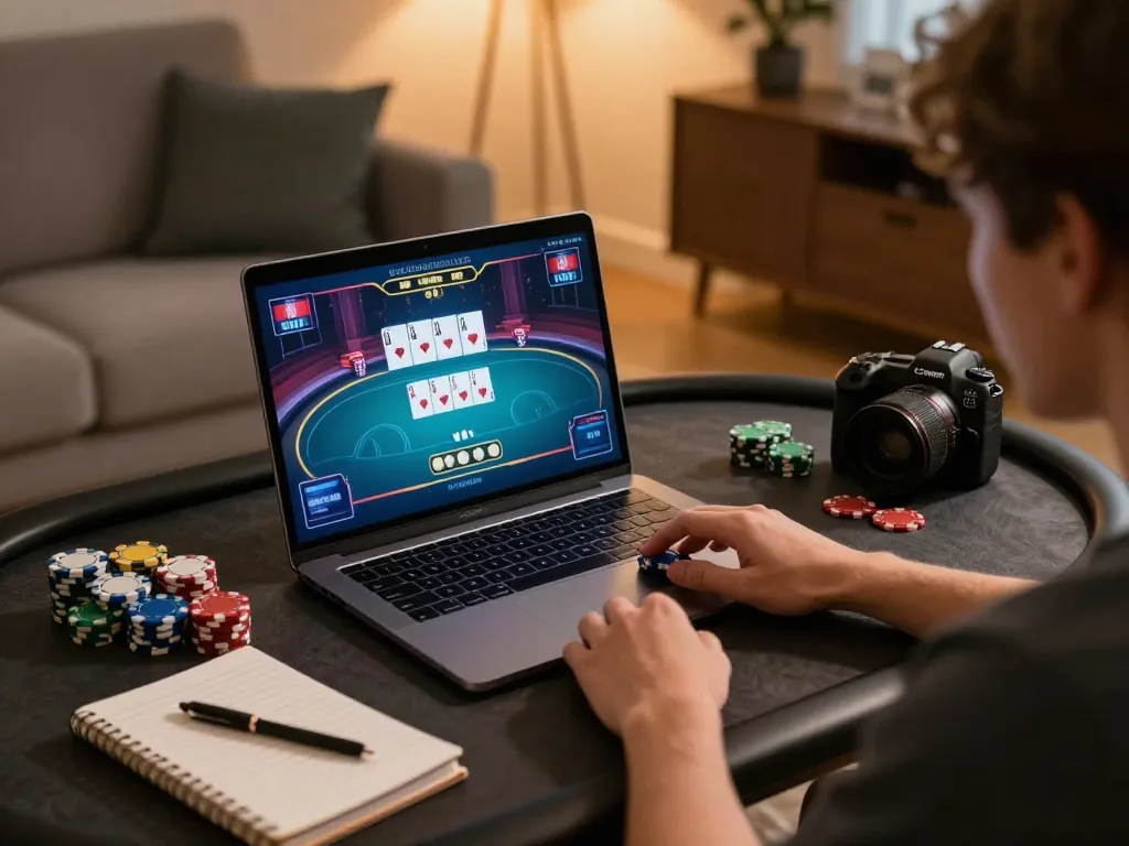 Engaging in online poker gameplay on F168, showcasing strategy notes and vibrant graphics in a cozy home setup.